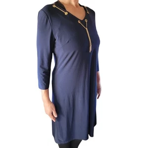 NINE WEST Blue Midi Dress Sz Medium Unique Gold Chain Necklace Modest Church - Picture 1 of 8