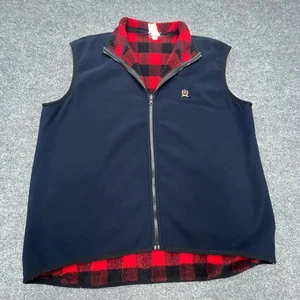 Vtg CHAPS Reversible Zip Vest Mens XL Fleece Red Buffalo Plaid Blue Jacket Coat - Picture 1 of 8