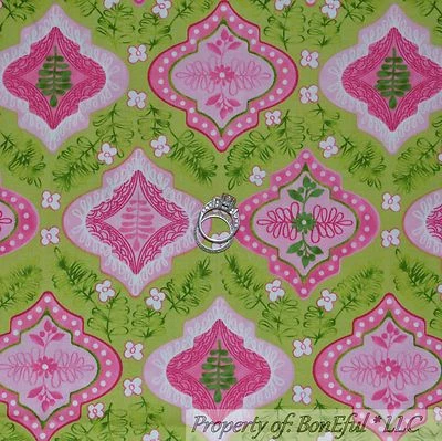 BonEful Fabric FQ Cotton Quilt Green Bright Pink White Flower Damask Leaf Swirl - Image 1 of 4