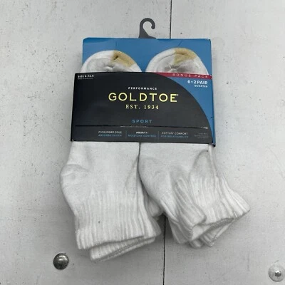 Paquete de 8 calcetines cortos de rendimiento deportivos con suela acolchada blanca con puntera dorada para hombre 6-12,5 Foto 1 de 4