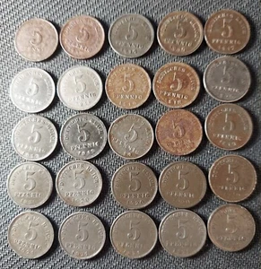 25 German Empire 5 Each of 5 Pfennigs 1917 - 1921 A D E F - Picture 1 of 20