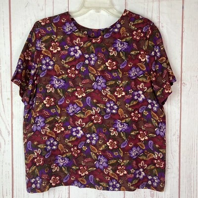 Vtg Leslie Fay L Large Petite Short Sleeve Paisley Floral Shoulder Pad Shirt USA - Image 1 of 4