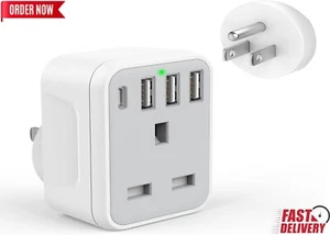 UK to US Plug Travel Adapter, USA Travel Adapter with 4 USB Ports (1 USB C Fast - Picture 1 of 7