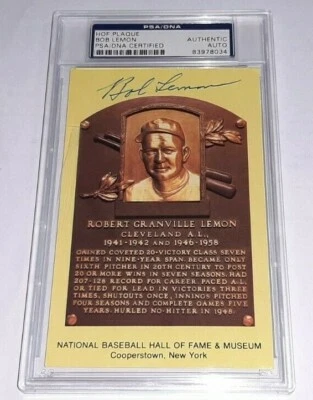 Bob Lemon Signed HOF Plaque Postcard PSA DNA COA Encapsulated Authentic - Image 1 of 2