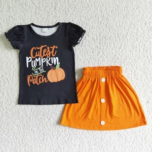 Girls Short Sleeve Skirt Set 2pcs Outfit Cutest Pumpkin in the Patch - Picture 1 of 1