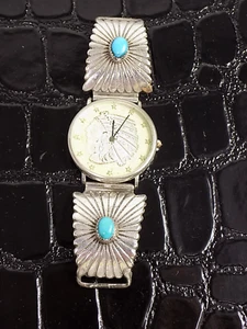 Indianer Schmuck Navajo Uhr Indianerkopf Türkis Sterling Silber American Nativo - Picture 1 of 9