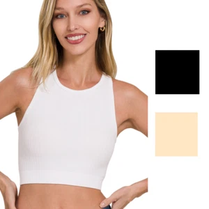Zenana Ribbed Seamless Racerback Crew Neck Crop Tank Top - Picture 1 of 9