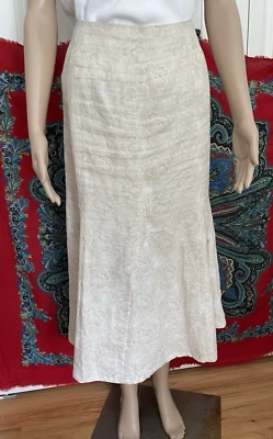 Kim Rogers Signature 6P Beige & White Floral 100% Linen Pleated Midi Skirt - Image 1 of 4