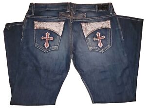 Mens Robins Jeans D5363-1 White Leather Gothic Stones Rivets Red Cross Jeans 44