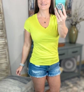 Sexy Low Cut V Neck Cleavage Baby Slimming Short Sleeve Basic Tee Neon Yellow - Picture 1 of 12
