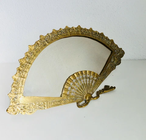 9" x 16" Antique Bronze Fan Shaped Vanity Boudoir Etched Mirror Frame Spanish Cover