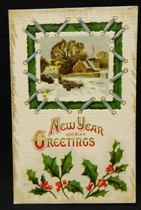 NEW YEAR GREETINGS WINTER SCENE EMBOSSED POSTMARKED 1912 - Picture 1 of 2