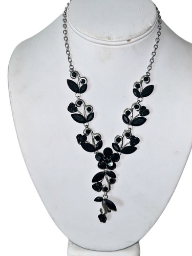 VETEMENTS Collana girocollo moda donna strass neri floreali tono argento nero