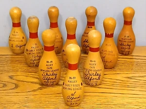 Vintage 4" Wood Mini Bowling Pins ~ League Trophy Awards ~ Set of 10 - Picture 1 of 12