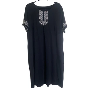 Talbots Midi Shift Dress Woman 2X Black Embroidered Cotton Pockets - Picture 1 of 11