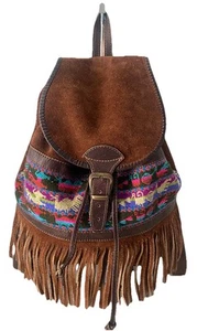 Vintage Suede Leather Tapestry Fringe Backpack Boho Western Medium READ - Picture 1 of 13