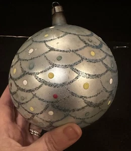 Vintage 1930er Jumbo Polen überbackene Punkte Fantasie Glas Ornament 4" - Bild 1 von 8