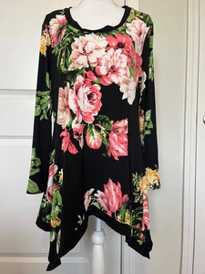 Roz & Ali Damen Blumen Langarm Tunika Top Größe XL Schwarz USA Romantisch Rosen - Bild 1 von 8
