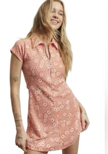 Urban Outfitters Sunny Orange Print Arlo Zip Up Short Sleeve Mini Dress Size M - Picture 1 of 5