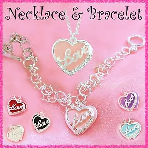 Necklace AND Bracelet SET - NEW! Double HEART - Enamel/Crystals - 6 colors - Picture 1 of 6
