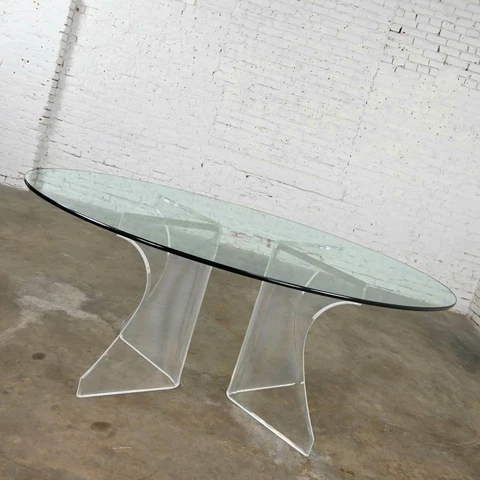 Modern Hollywood Regency Art Deco Lucite Sculptural Dining Table Oval Glass Top Cover