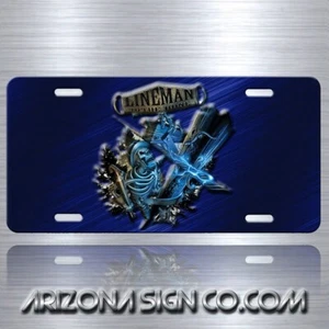 Lineman To the Bone Electric Blue Aluminum Vanity License Plate Tag - Picture 1 of 6