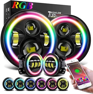 7'' RGB Muti-Color LED Halo Headlights Fog Lights Combo Kit for Jeep Wrangler JK - Picture 1 of 12
