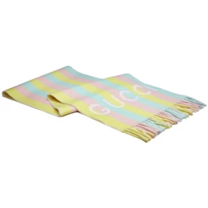 New Gucci Women's Shawl Scarf Striped Wool Pink Multi Print Logo Sz 33×195 cm - Picture 1 of 5