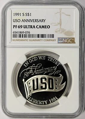 1991-S USO Anniversary $1 Silver Dollar NGC PF69 Ultra Cameo - Image 1 of 2