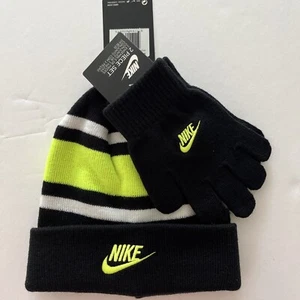 Nike Boys Black/Neon/White Hat And Gloves Set Youth 8/20 Brand New‼️ - Picture 1 of 5