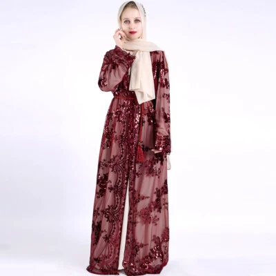 Muslim Women Sequins Abaya Kimono Open Kaftan Dubai Turkey Cardigan Long Dress - Image 1 of 4