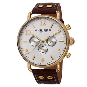 New Men's Akribos XXIV AK752BR Swiss Quartz Multifunction Brown Leather Watch - Picture 1 of 4