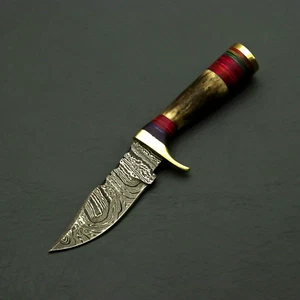 CUSTOM HANDFORGED DAMASCUS STEEL HUNTING DAGGER BOOT KNIFE + SHEATH - Picture 1 of 5