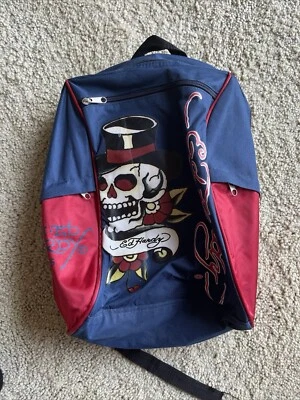 Mochila DON ED HARDY Calavera con Sombrero de copa Cremallera Top Lazo Azul Marino y Rojo Unisex EC Foto 1 de 4