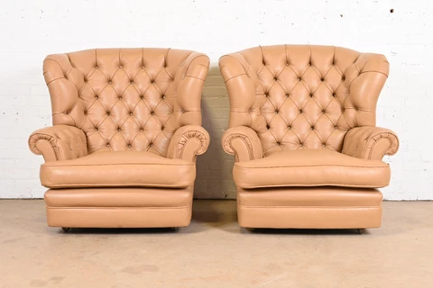Vintage Tufted Leather Chesterfield Wingback Lounge Chairs, Pair Cover