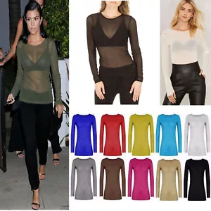 Women's Ladies Sheer Mesh Fish Net Long Sleeve Scoop Neck T-Shirt Top Size 8-22  - Picture 1 of 10