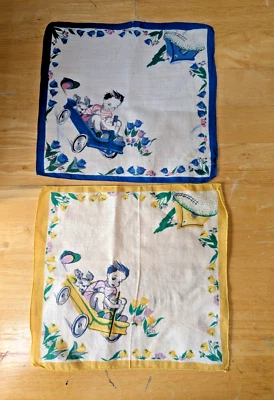 Vintage Pair Children Hankies Child In Wagon - Image 1 of 4