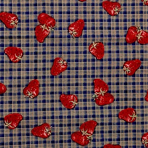 Vintage Daisy Kingdom Cotton Fabric Strawberry Plaid 17" X 46" Navy Tan Picnic - Picture 1 of 3