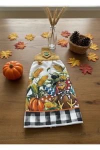 Thanksgiving Hanging Dishtowel Turkey in Corn Field Black Plaid Towel - Picture 1 of 6