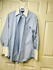 Paul Fredrick 15.5 32 Blue Stripe Dress Shirt Contrast Collar French Cuff Cotton - Picture 1 of 2