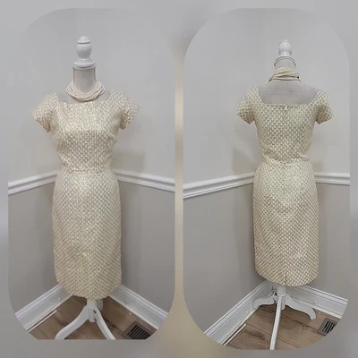 Vtg 60s Metallic Gold Brocade Cocktail Wiggle Pencil Evening Dress /Knee Length  - Image 1 of 4