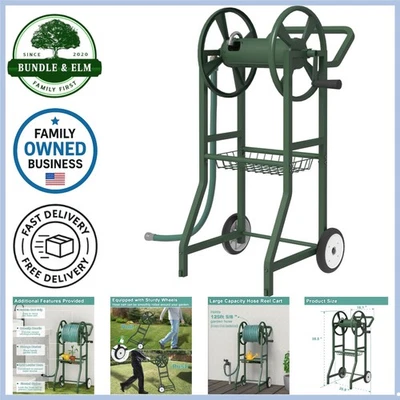 Carretel de mangueira de jardim carrinho aço 125 pés capacidade armazenamento de água externo com rodas - Imagem 1 de 4