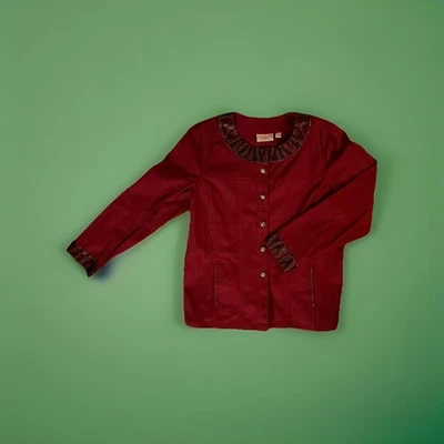 Quaker Factory Stud Embellished Rhinestone Buttons Red Denim Jacket Size M C40" - Image 1 of 4