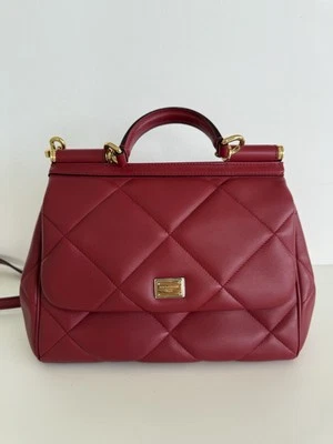DOLCE & GABBANA Handbag Red Leather Sicily DG Shoulder Top Handle Quilted Bag - Image 1 of 4