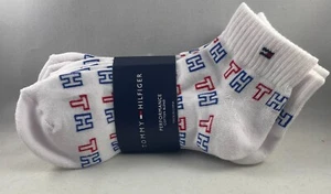 TOMMY HILFIGER Cushion Quarter Cut Socks 4 Pairs Size 7-12 White w/Blue&Red Logo - Picture 1 of 5