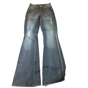 YMI Distressed Flare Leg Jeans Dark Wash No Size Tag See Measurements - Picture 1 of 5