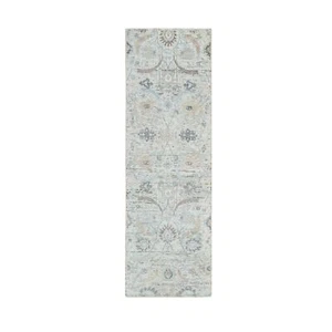 2'7"x8'2" Ivory Hand Knotted Sickle Leaf Design Silk/Wool Runner Rug R64886 - Picture 1 of 8
