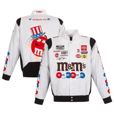 Auténtica chaqueta de algodón blanca Nascar Kyle Busch JH Design M&M's Snap  Foto 1 de 4