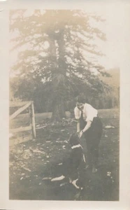 Snapshot Vintage Photo Woman in Pants Tie Feeding Training Dog Pet Animal Tree - Picture 1 of 8