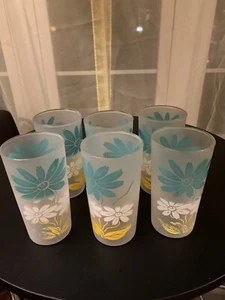 1950’s Frosted Glass Ice Tea Lemonade Glass Set Of 6 Yellow Daffodils. - Picture 1 of 11
